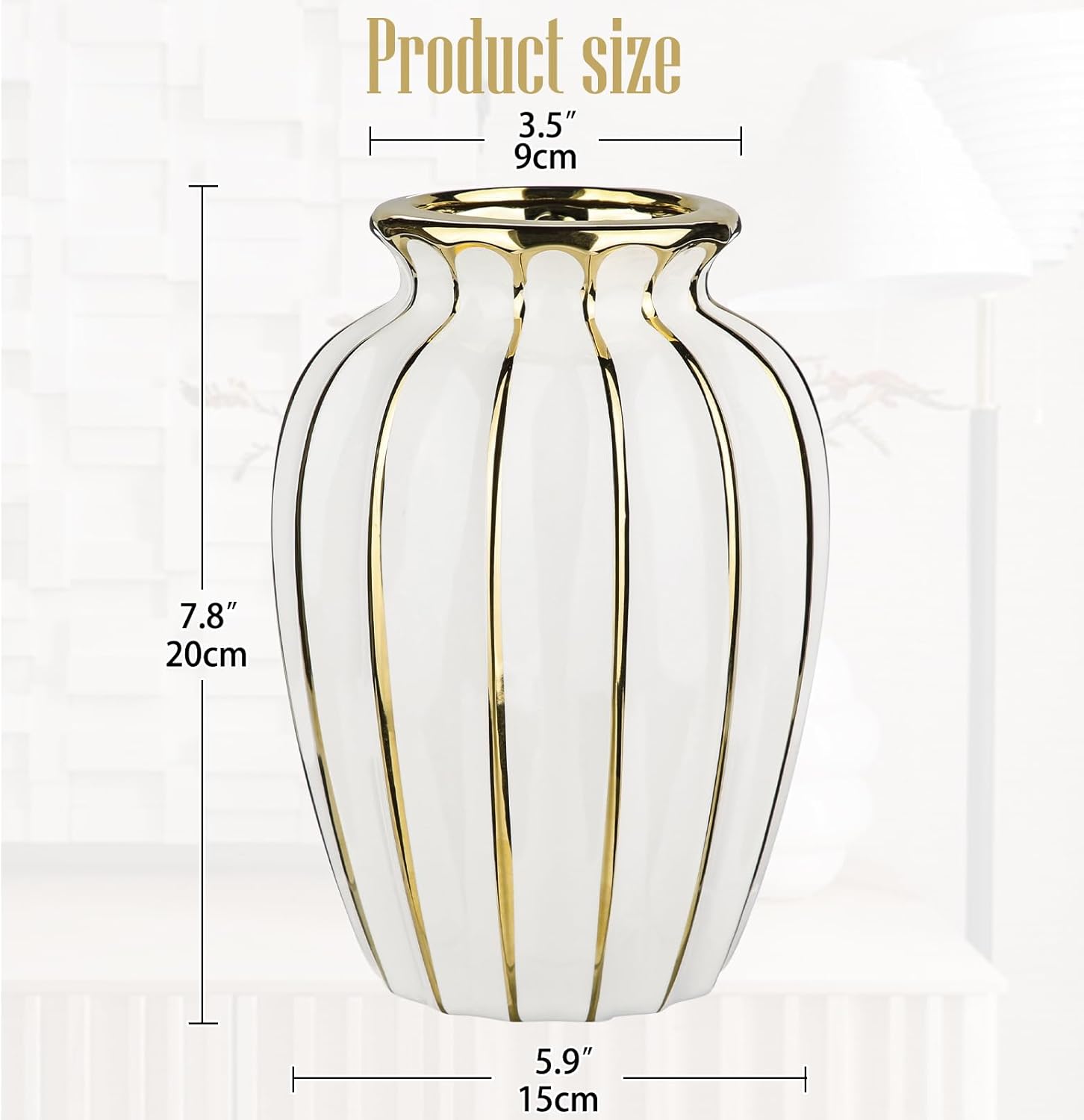 White & Gold Ceramic Flower Vase - 7.8" Modern Vertical Stripe Pottery Wave Vase | Ribbed Textured Flower Vase for Home Decor Bedroom Office Living Room Bathroom Table Centerpiece
