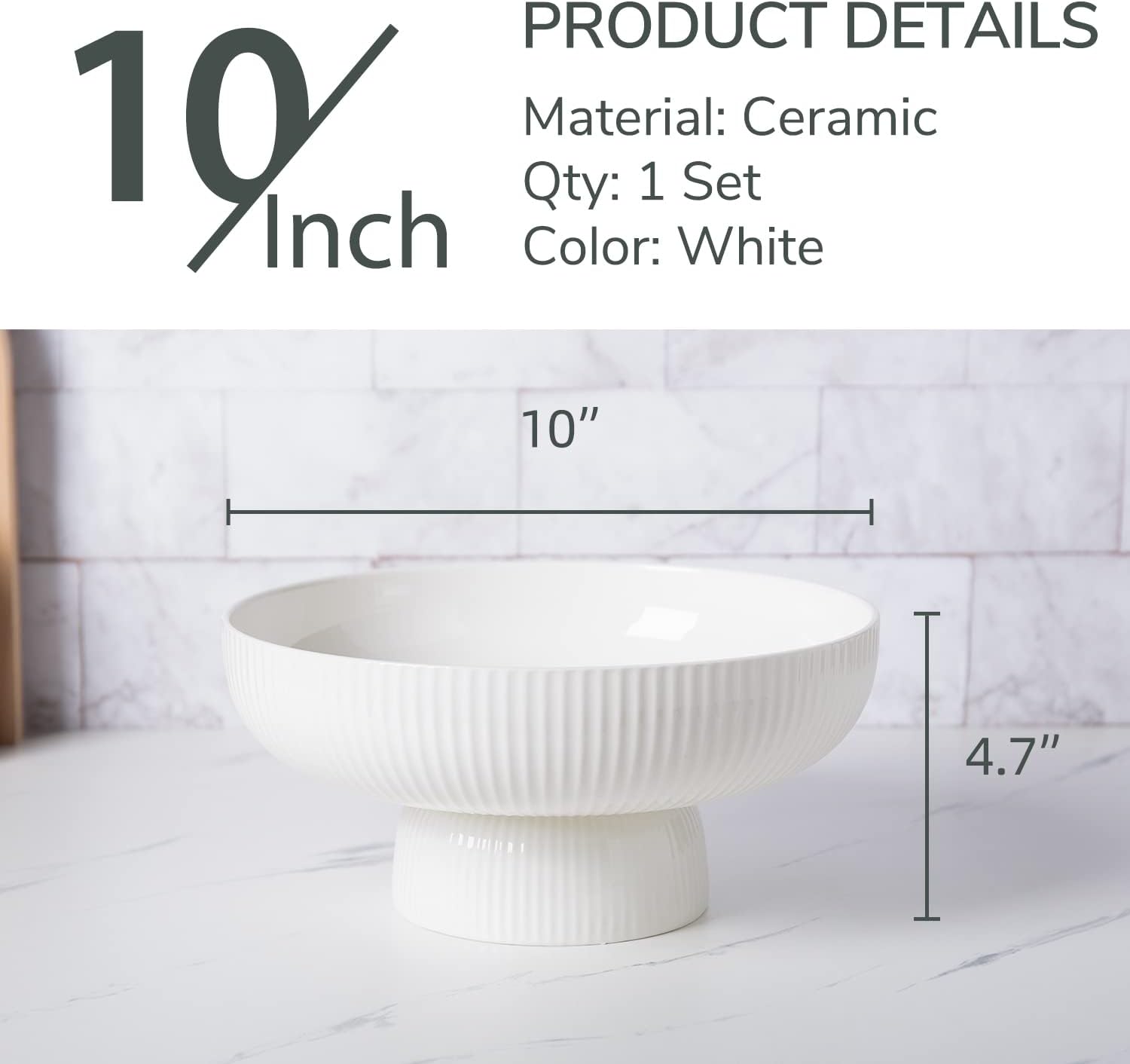 Ceramic Fruit Bowl with Draining Holes, 10" Large Fruit Basket with Multifunctional Removable Pedestal, Decorative Fruit Bowl for Table Countertop, Fruit and Vegetable Holder, White