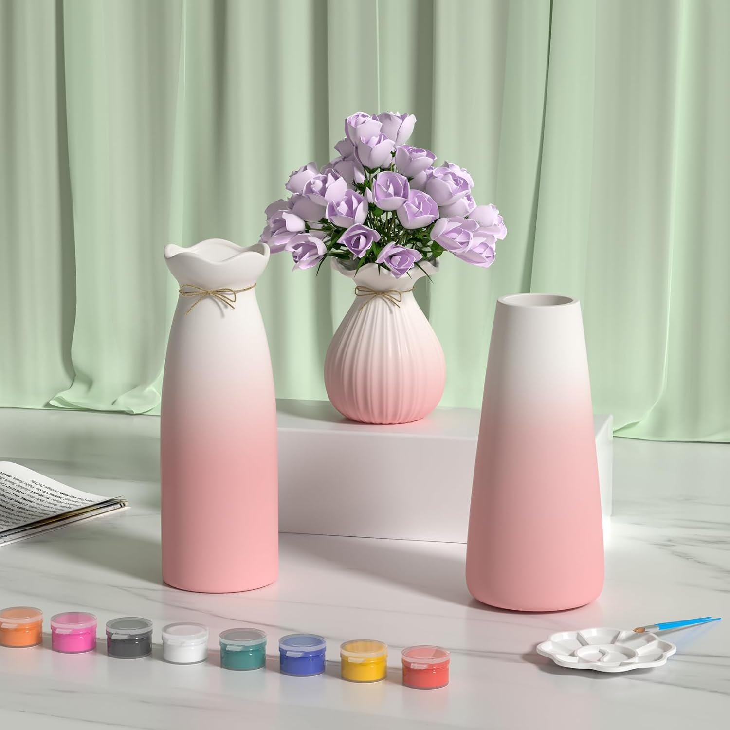 OERGKE Ceramic Vase of 3 Pcs, DIY Vase Set, Modern Boho Small vases for Flowers for Home Living Room Office Farmhouse Decor Dining Table Bedroom Table and Kitchen Shelf (Blue)
