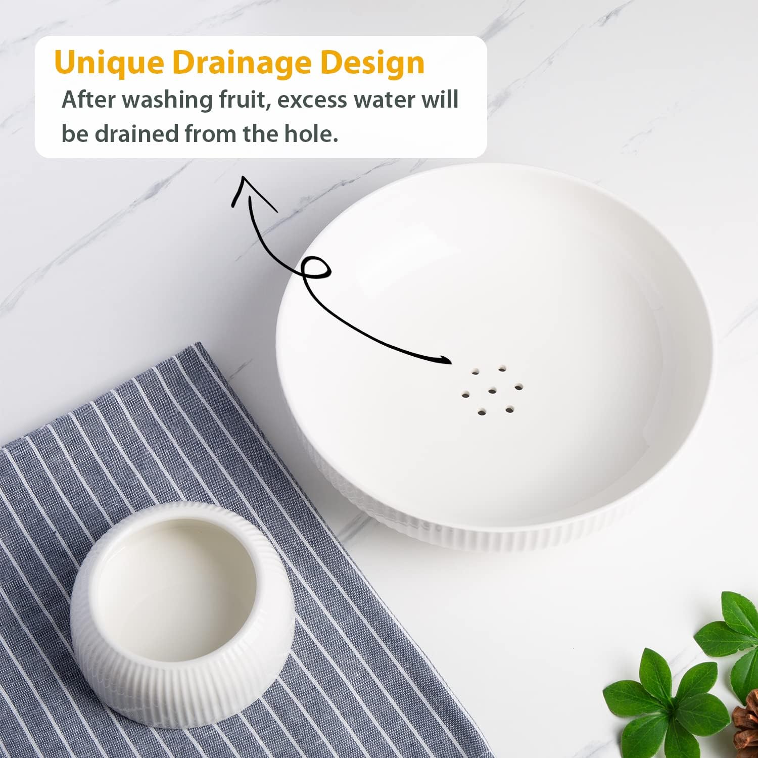 Ceramic Fruit Bowl with Draining Holes, 10" Large Fruit Basket with Multifunctional Removable Pedestal, Decorative Fruit Bowl for Table Countertop, Fruit and Vegetable Holder, White