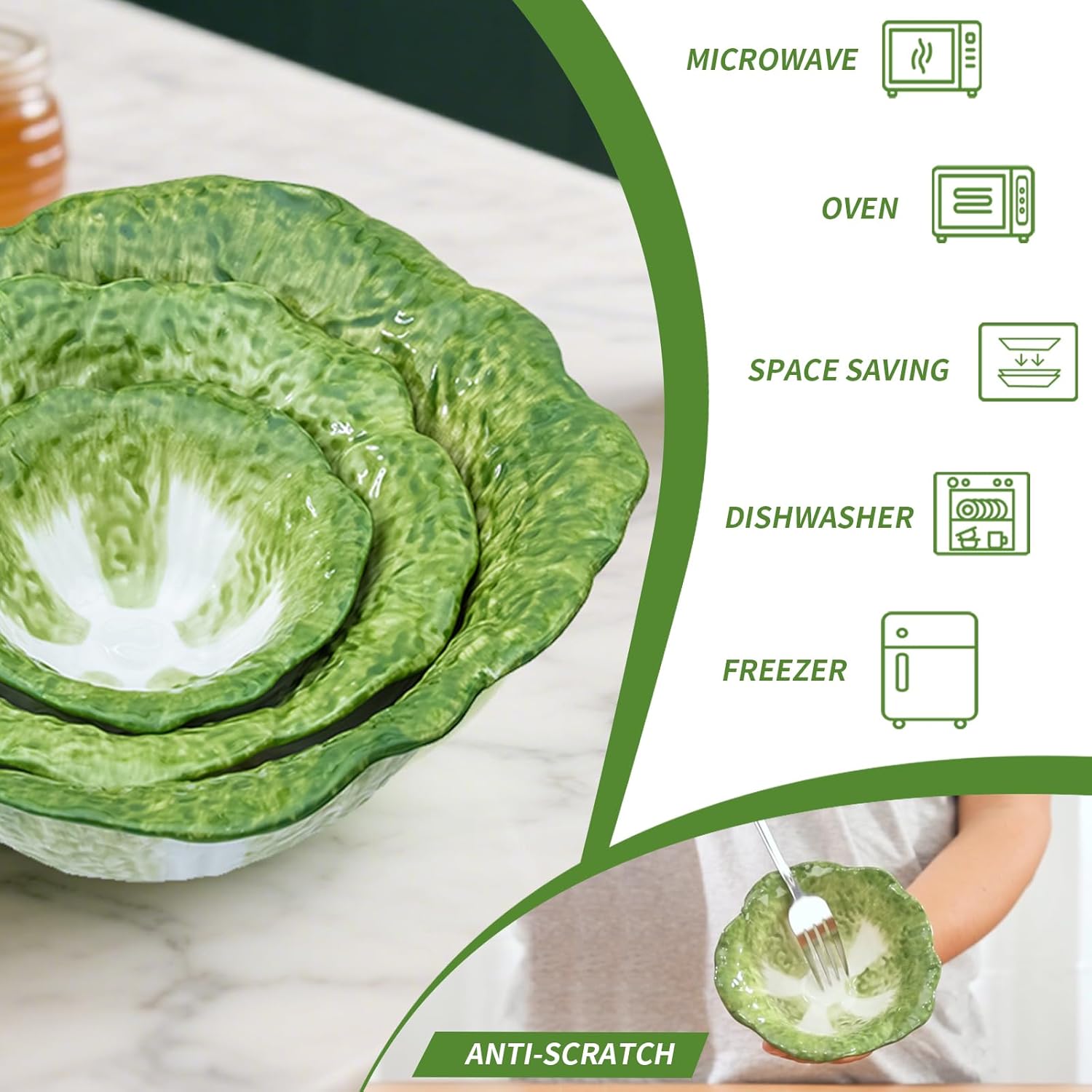 Ceramic Large Serving Bowls Set of 3, 60oz, 16oz, 5oz Salad Bowls Nesting Mixing Bowls, Green Cabbage Serving Dishes for Entertaining, Versatile Prep Bowls for Salad Fruit Snacks Soup Ice Cream Cereal