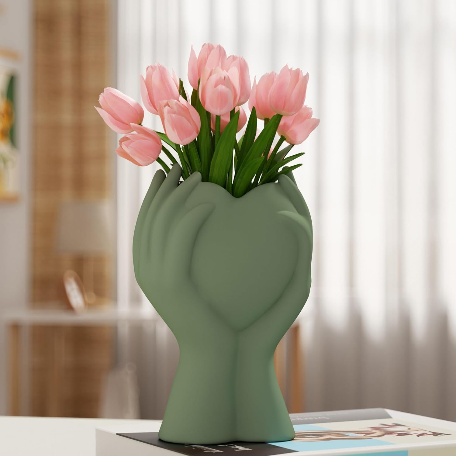 8" Heart Hand White Ceramic Vase - Unique Modern Aesthetic Flowers Vase for Living Room Bedroom Office Kitchen Table Centerpiece or Shelf Decor-Gifts for Wedding Bridal Shower Women Mom (White)