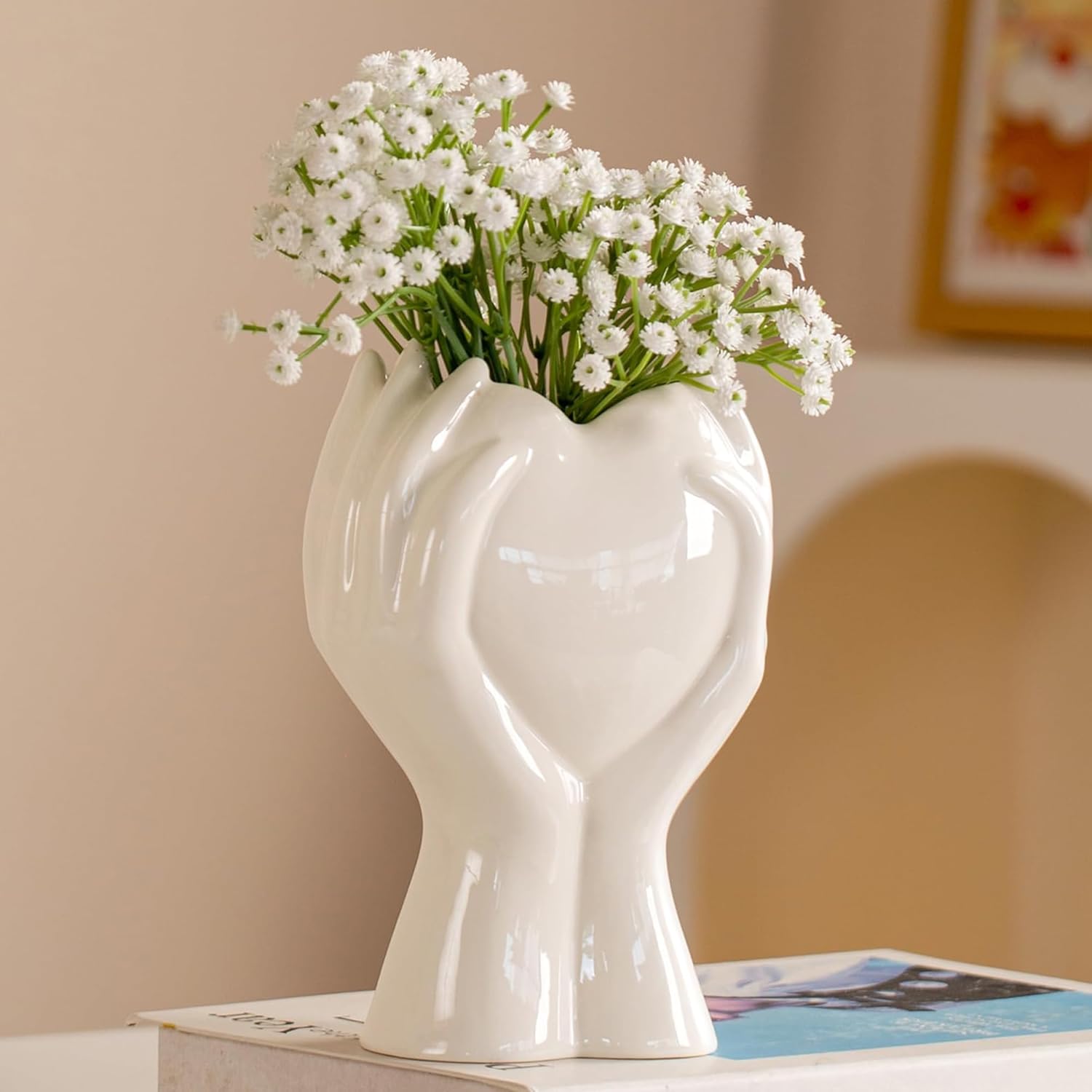 8" Heart Hand White Ceramic Vase - Unique Modern Aesthetic Flowers Vase for Living Room Bedroom Office Kitchen Table Centerpiece or Shelf Decor-Gifts for Wedding Bridal Shower Women Mom (White)
