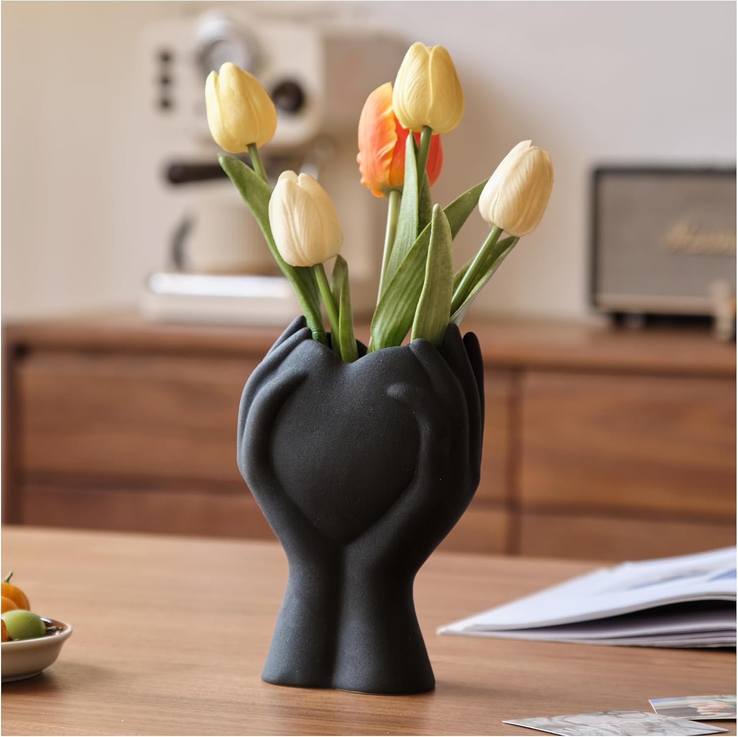 8" Heart Hand White Ceramic Vase - Unique Modern Aesthetic Flowers Vase for Living Room Bedroom Office Kitchen Table Centerpiece or Shelf Decor-Gifts for Wedding Bridal Shower Women Mom (White)