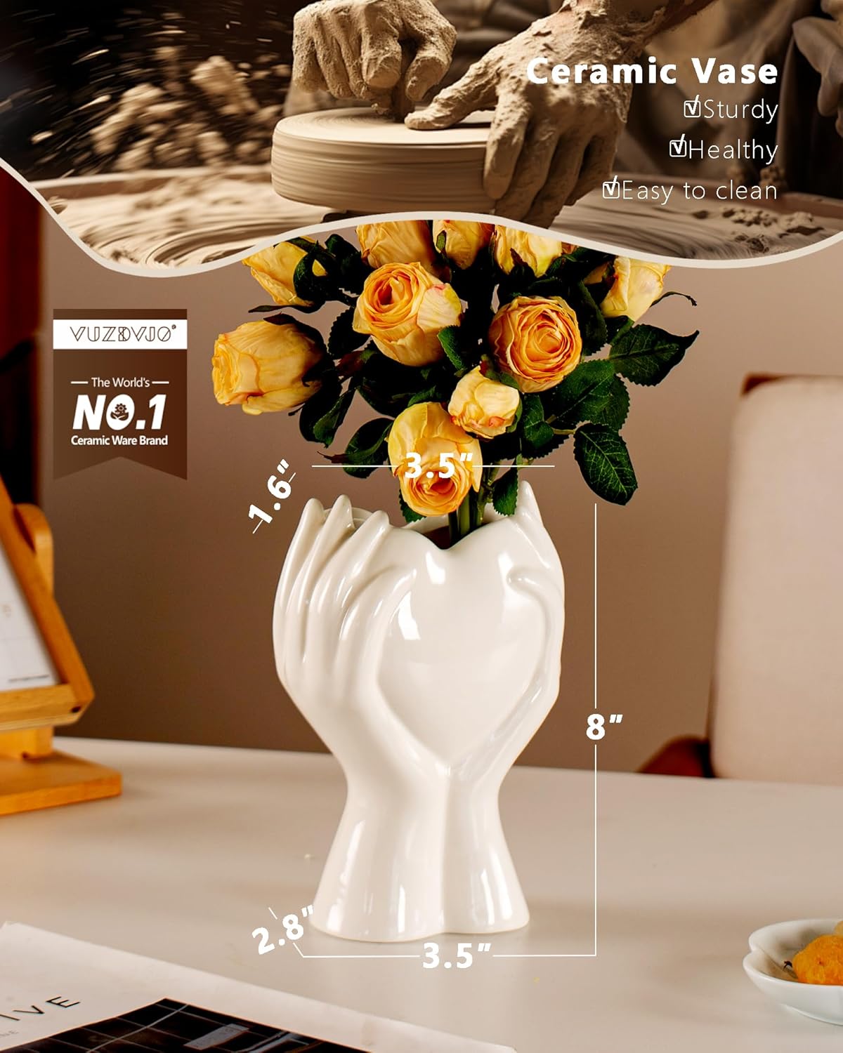 8" Heart Hand White Ceramic Vase - Unique Modern Aesthetic Flowers Vase for Living Room Bedroom Office Kitchen Table Centerpiece or Shelf Decor-Gifts for Wedding Bridal Shower Women Mom (White)
