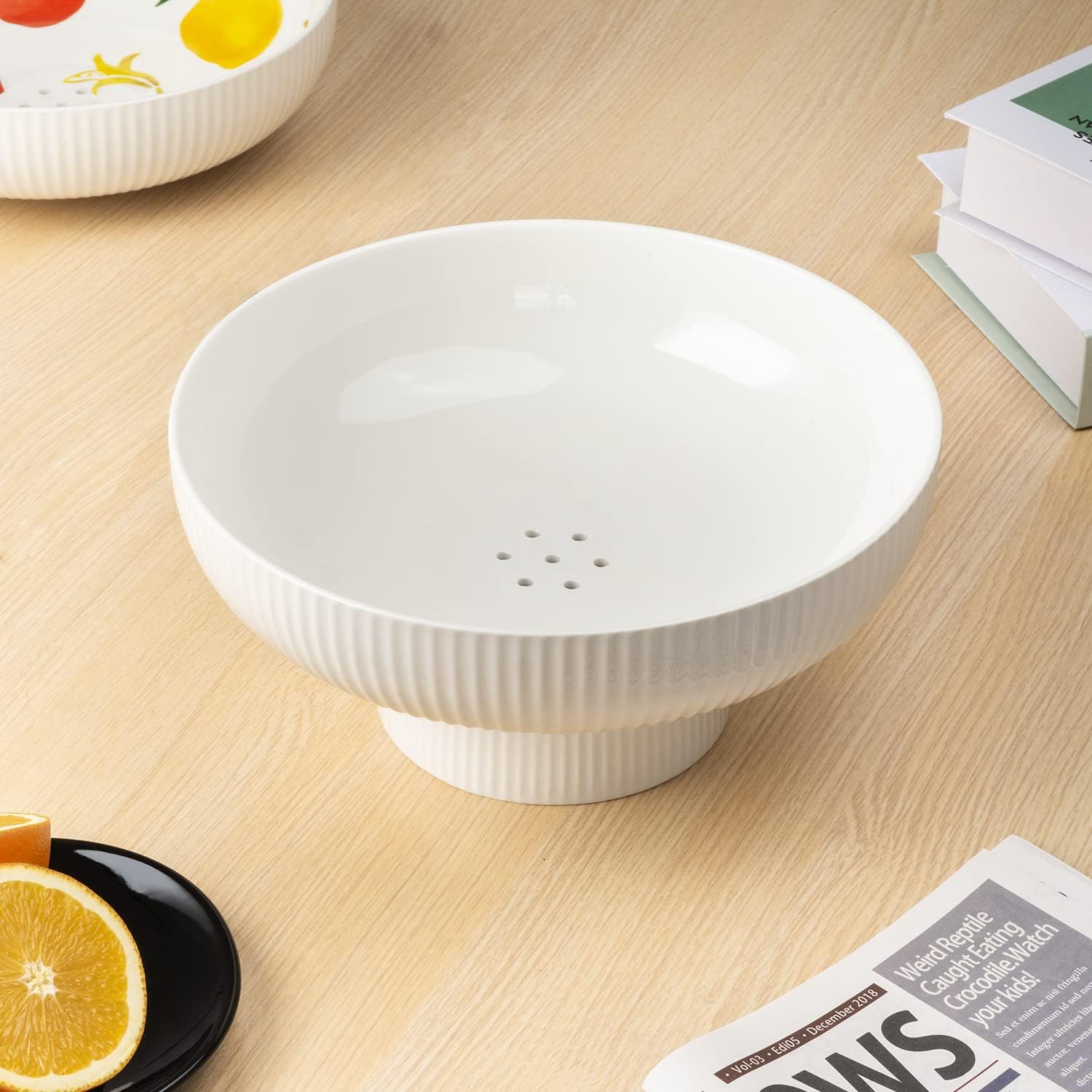 Ceramic Fruit Bowl with Draining Holes, 10" Large Fruit Basket with Multifunctional Removable Pedestal, Decorative Fruit Bowl for Table Countertop, Fruit and Vegetable Holder, White