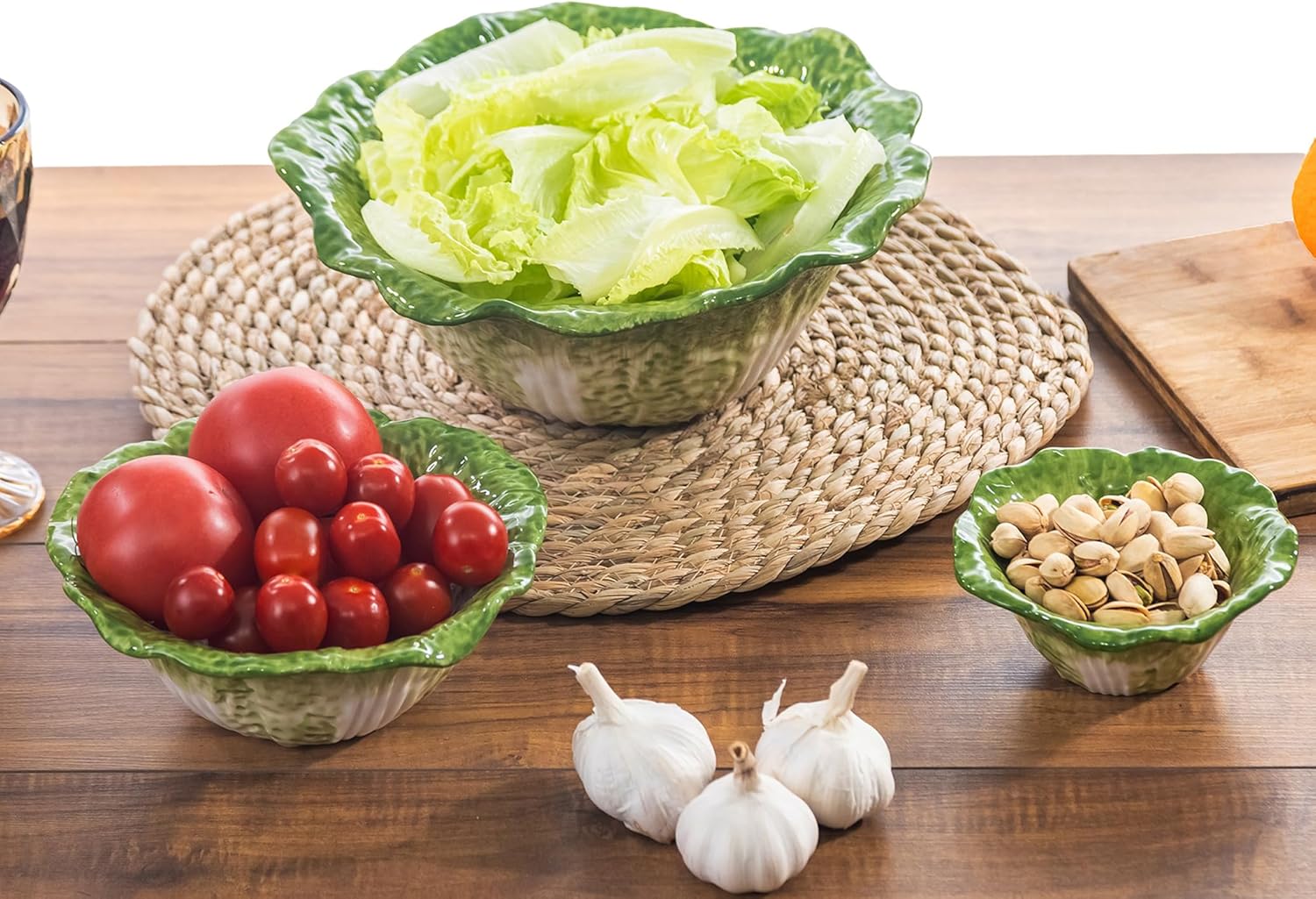 Ceramic Large Serving Bowls Set of 3, 60oz, 16oz, 5oz Salad Bowls Nesting Mixing Bowls, Green Cabbage Serving Dishes for Entertaining, Versatile Prep Bowls for Salad Fruit Snacks Soup Ice Cream Cereal