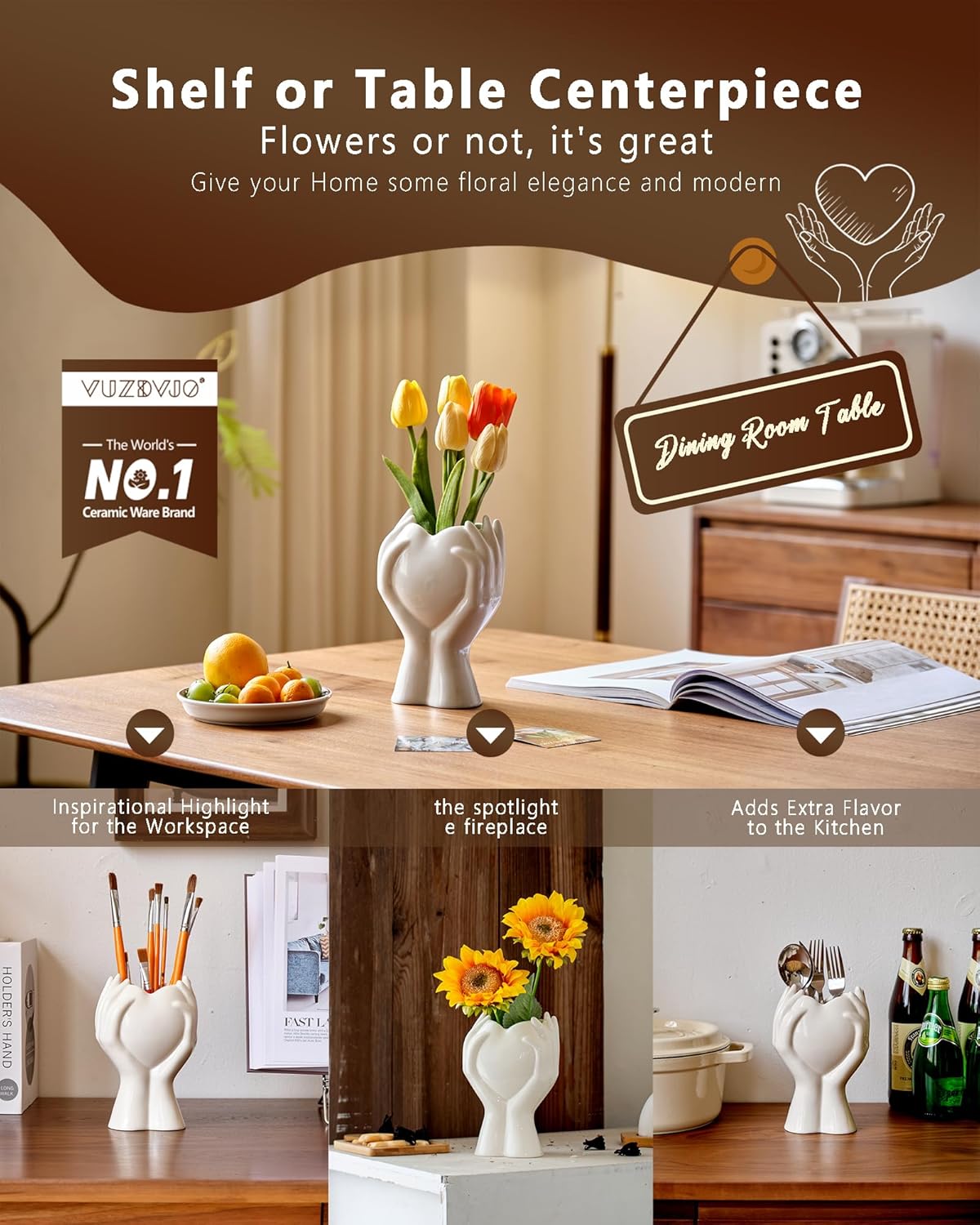 8" Heart Hand White Ceramic Vase - Unique Modern Aesthetic Flowers Vase for Living Room Bedroom Office Kitchen Table Centerpiece or Shelf Decor-Gifts for Wedding Bridal Shower Women Mom (White)