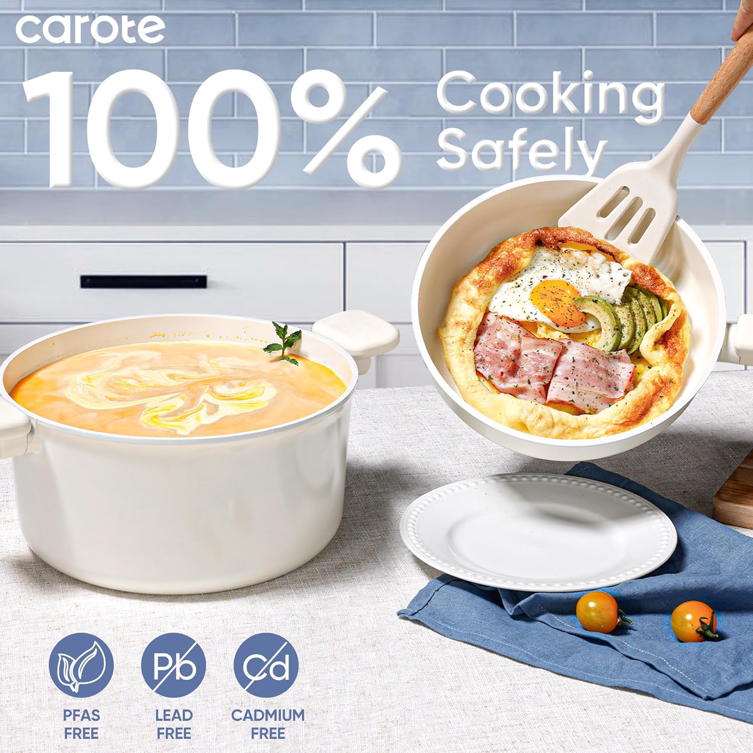 CAROTE 18Pcs Nonstick Ceramic Cookware Set, PFAS/PFOA Free, Cream White Pots and Pans Set Non Stick, Non-toxic Cookware,Kitchen Cooking Pan Set, Large Capacity